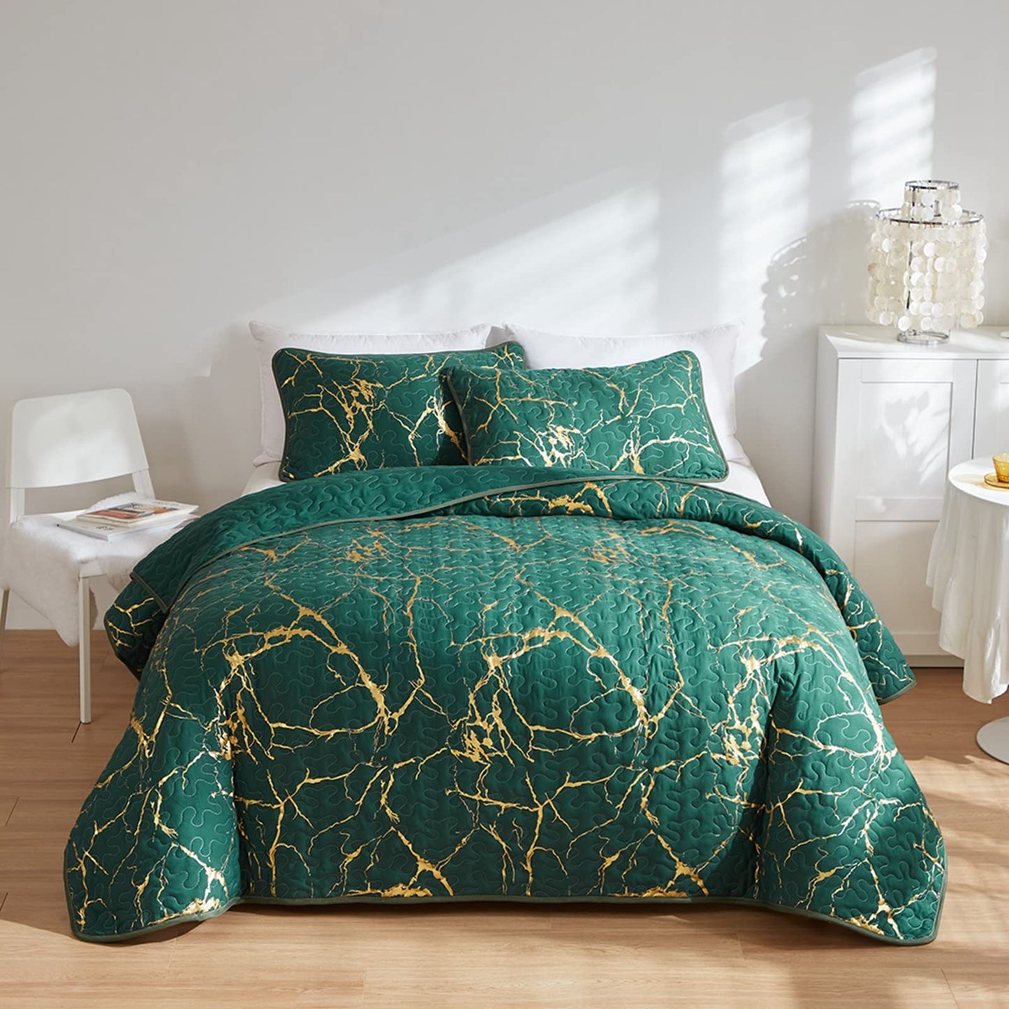 Bedspread King Size Green Quilted Bedspread Gold Marble Printed Luxury Soft Microfiber Bedspreads Coverlet All Season Bedding Set