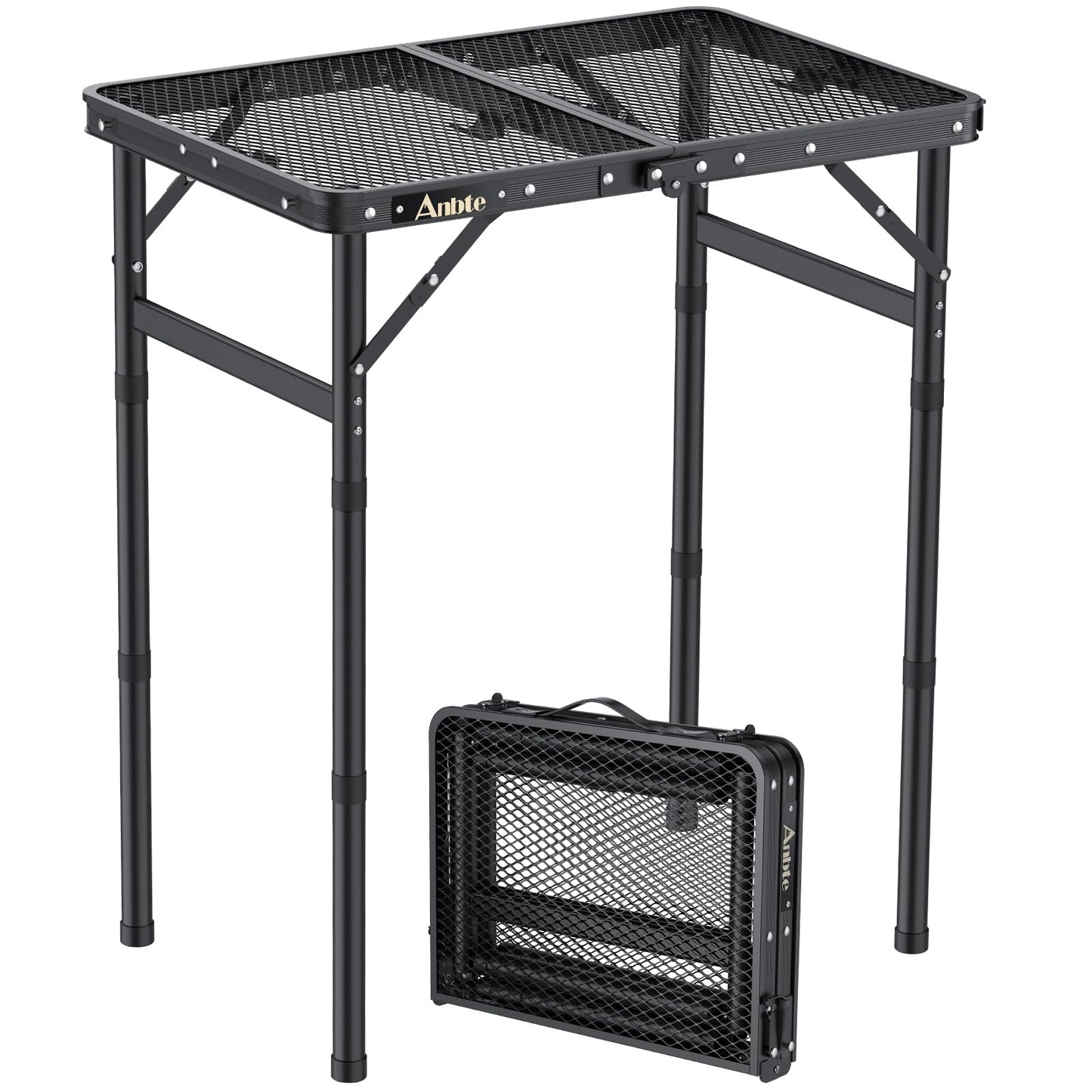 Anbte Folding Grill Table, 3 Adjustable Heights Aluminum Camping Table with Heat-Resistant Mesh Desktop, Lightweight outdoor Table, Portable Handle