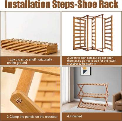 Gelory Bamboo Folding Shoe Rack, Portable Wooden Small Shoe Storage Rack
