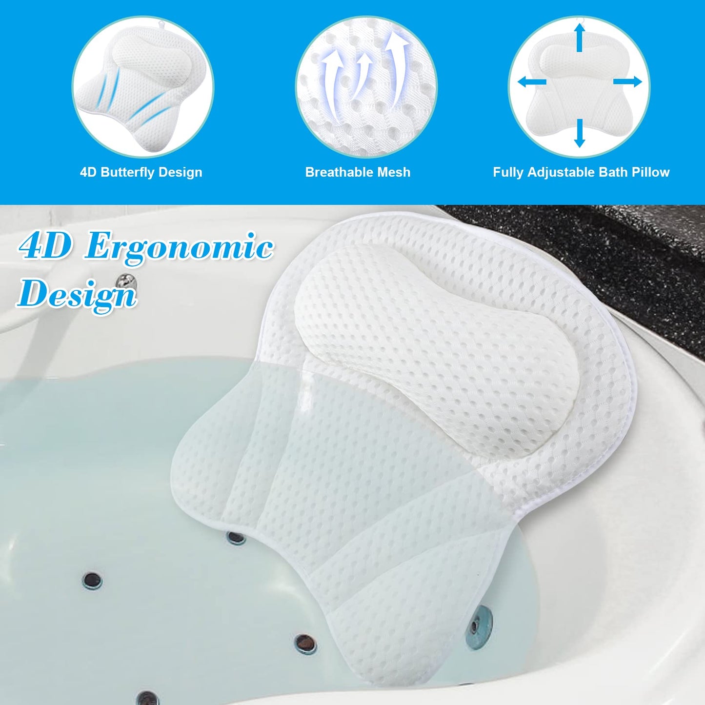 Bath Pillow 4D Ergonomic Bath Pillow Neck and Back Support Bath Cushion Air Mesh Technology Bath Headrest Pillow Bath Pillows with Strong Suction