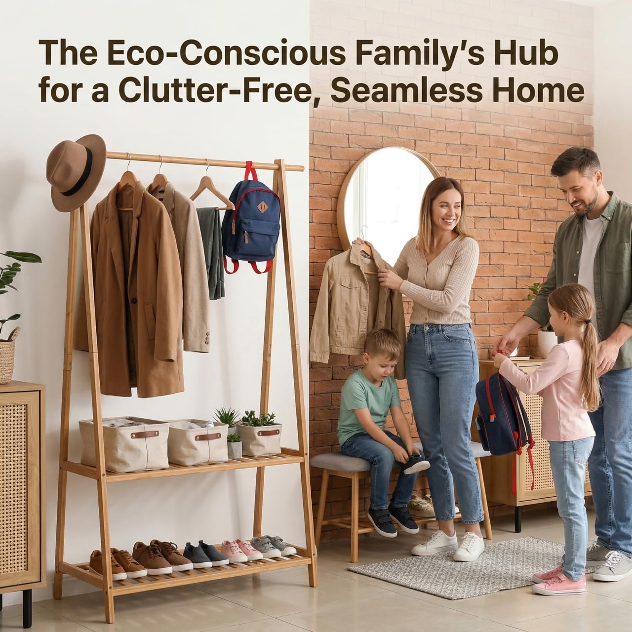 Finnhomy Bamboo Clothes Rack Portable Extra Large Garment Rack 2-Tire Storage Box Shelves for Entryway and Bed Room