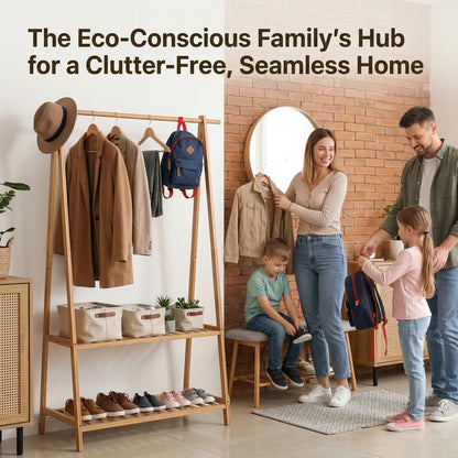 Finnhomy Bamboo Clothes Rack Portable Extra Large Garment Rack 2-Tire Storage Box Shelves for Entryway and Bed Room