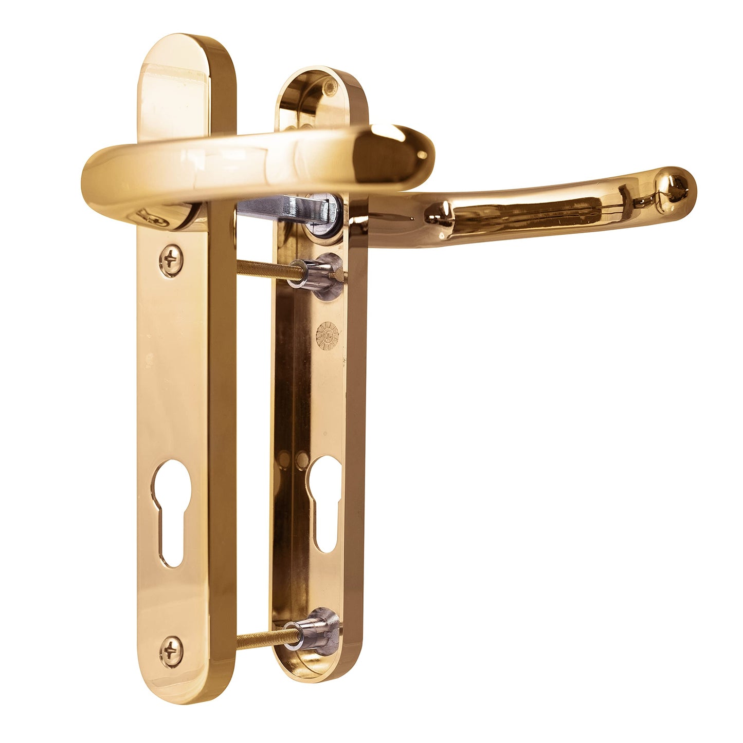 UPVC Door Handles Set - Polished Brass - Lever/Lever - 92mm PZ (Centres) - 122mm Screw to Screw - Backplate 212mm X 34mm - UPVC Door Handle - Polished