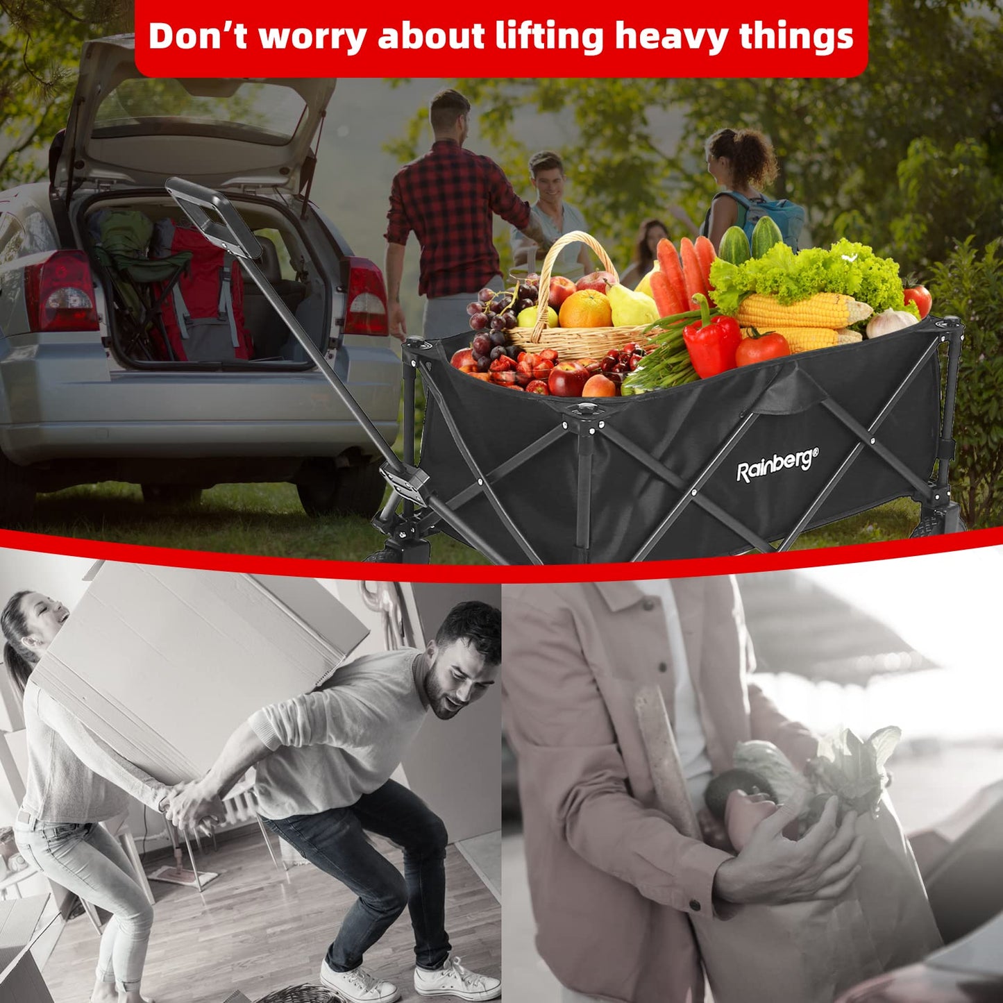 Rainberg Folding Trolley on Wheels & Table on Top Cart with Adjustable Handle & Cover Bag, Foldable Wagon for Outdoor Camping, Picnic, Shopping 120KG