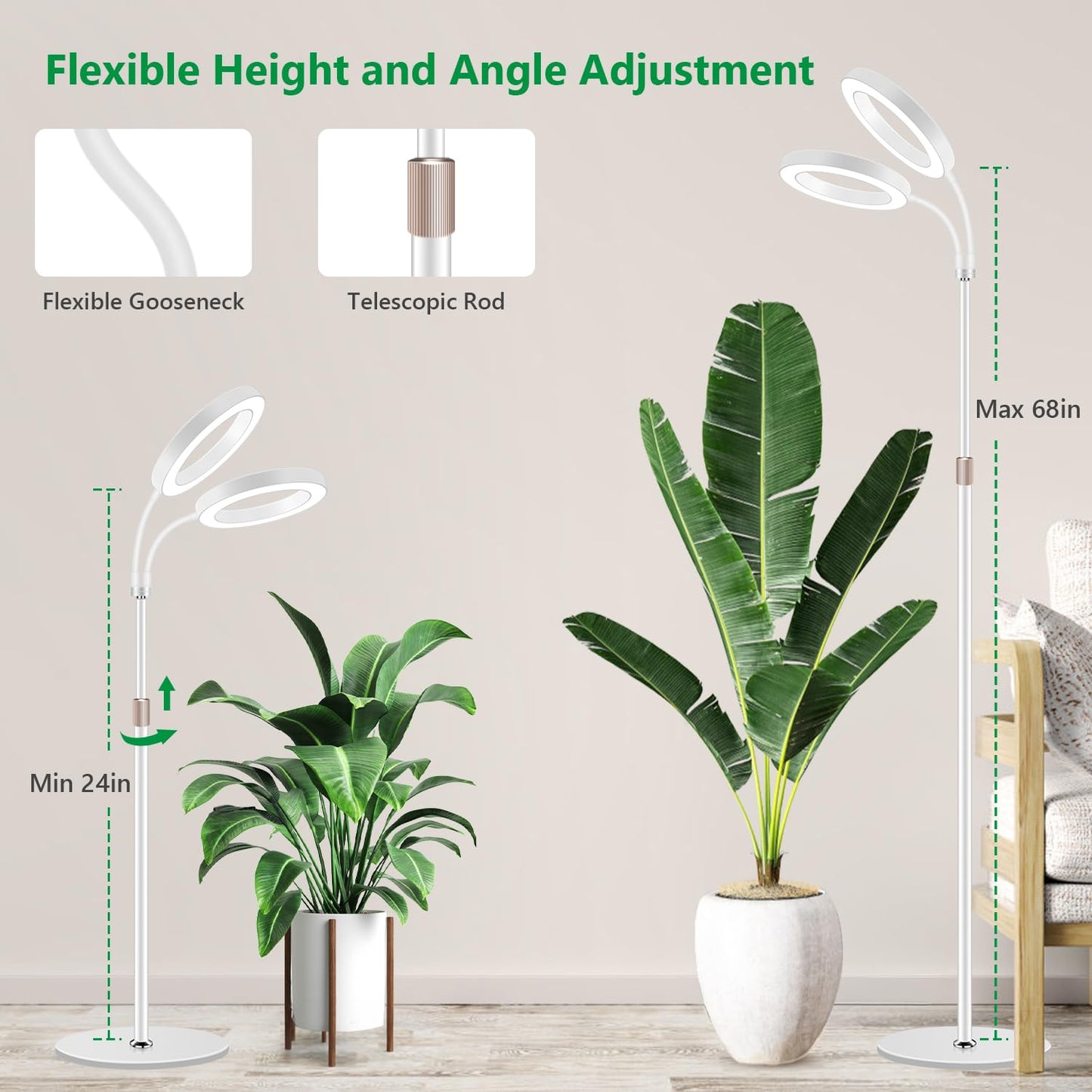 Aumtrly Grow Light - 2 Head White Full Spectrum Light With 68" Adjustable Stand for Large Tall Plants, 168 LED Floor Standing Lamp, 6/12/16H Timer, 5