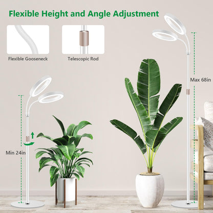 Aumtrly Grow Light - 2 Head White Full Spectrum Light With 68" Adjustable Stand for Large Tall Plants, 168 LED Floor Standing Lamp, 6/12/16H Timer, 5