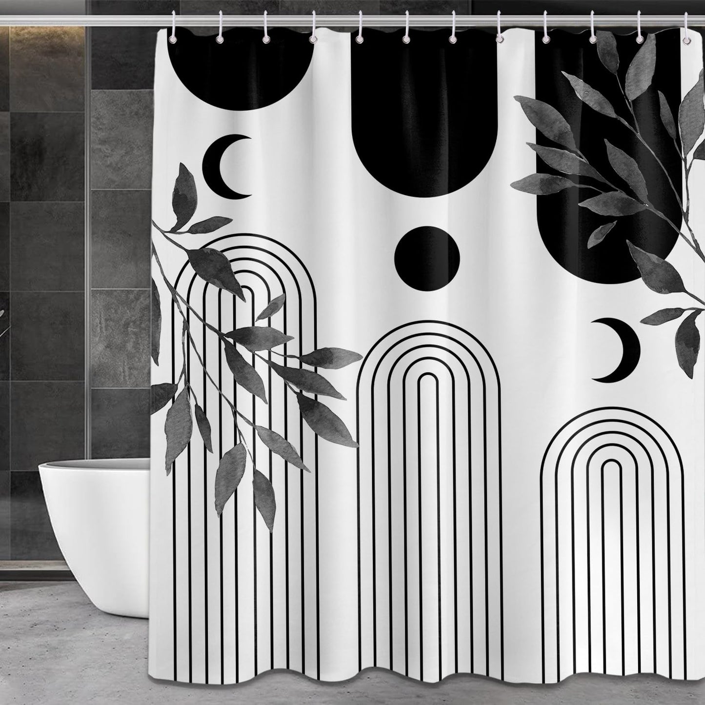 LanZanthic Black and White Shower Curtains for Bathroom Boho Mid Century Modern Leavesl Wet Room Shower Curtain with hooks, Mould Proof Resistant