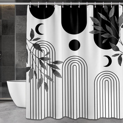 LanZanthic Black and White Shower Curtains for Bathroom Boho Mid Century Modern Leavesl Wet Room Shower Curtain with hooks, Mould Proof Resistant