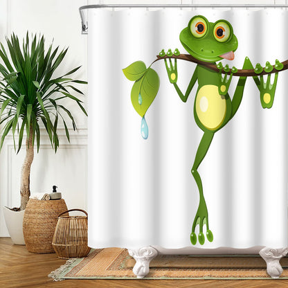 SDOTPMT 180x180cm Cute Cartoon Frog Shower Curtain Little Frog on Tree Branch Green Leaves Bath Curtain Summer Animal White Bathtub Curtain for Kids