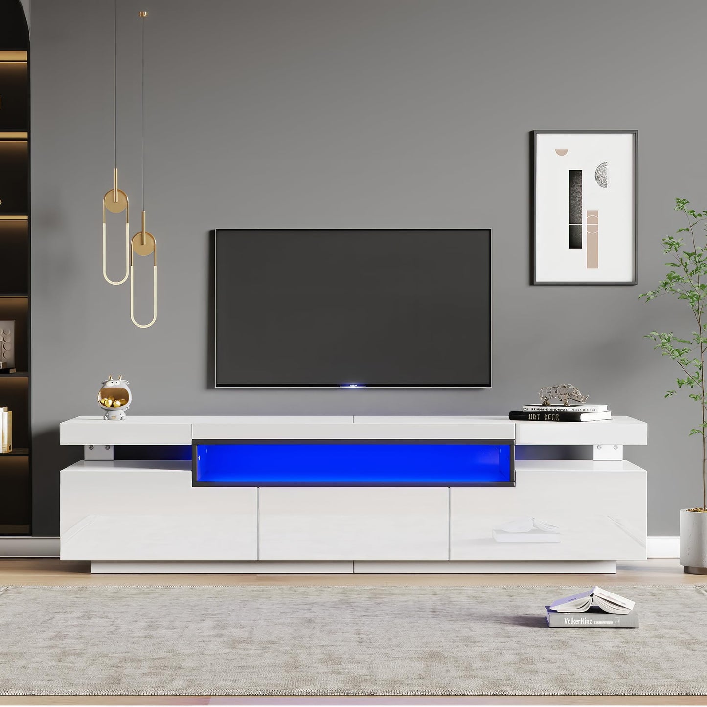 Ball & Cast TV Stand Cabinet for 70-inch TV High Gloss TV Stand Unit with LED Lights 160CM, 3 Drawers, 3 Open Storage Space
