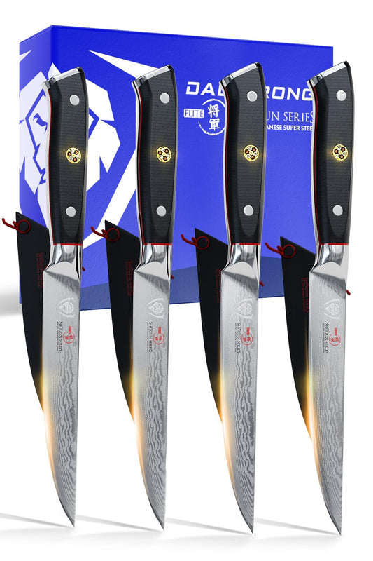 DALSTRONG Steak Knives Set - 5 inch - Shogun Series ELITE - Damascus - Japanese AUS-10V Super Steel - 4 Piece - Razor Sharp Fillet Knives - Table Set