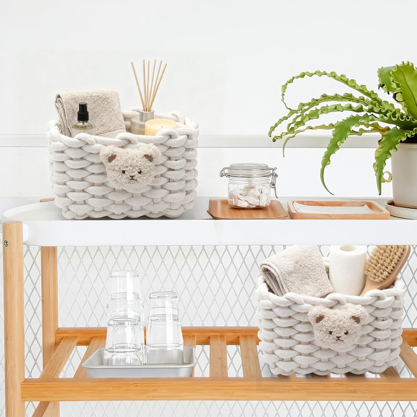 Woven Cotton Wicker Storage Basket with Bear Motif, White - Bathroom Organizer for Desk, Makeup Table, Cabinets, Bath, Kitchen (White)