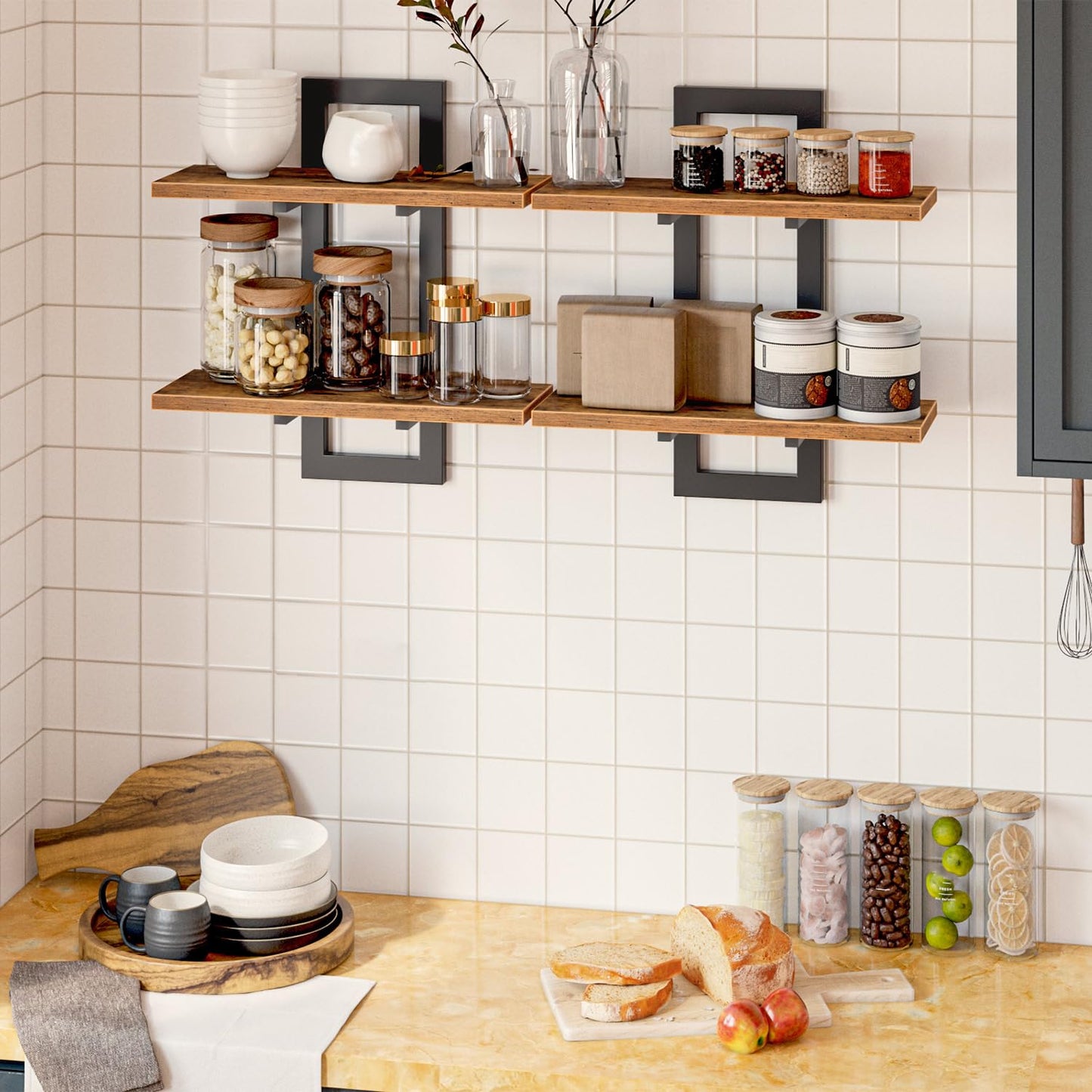 HOOBRO Floating Shelves, Wall Shelves Set of 2, Wall Mounted Storage Shelves 2-Tier, Wall Display Racks, Hanging Bathroom Shelves, for Kitchen, Living
