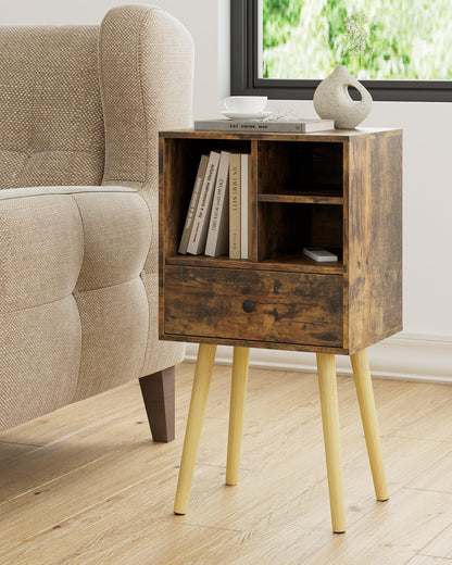 HEYZOEY Wooden Nightstand Mid-Century Modern Bedside Table, Rustic Brown