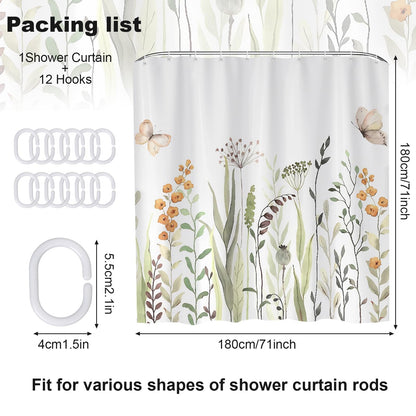 Minicoco Shower Curtain with Floral Botanical - Mould & Mildew Resistant Waterproof Bathroom Decor, 100% Polyester with 12 Hooks, 180x180 cm