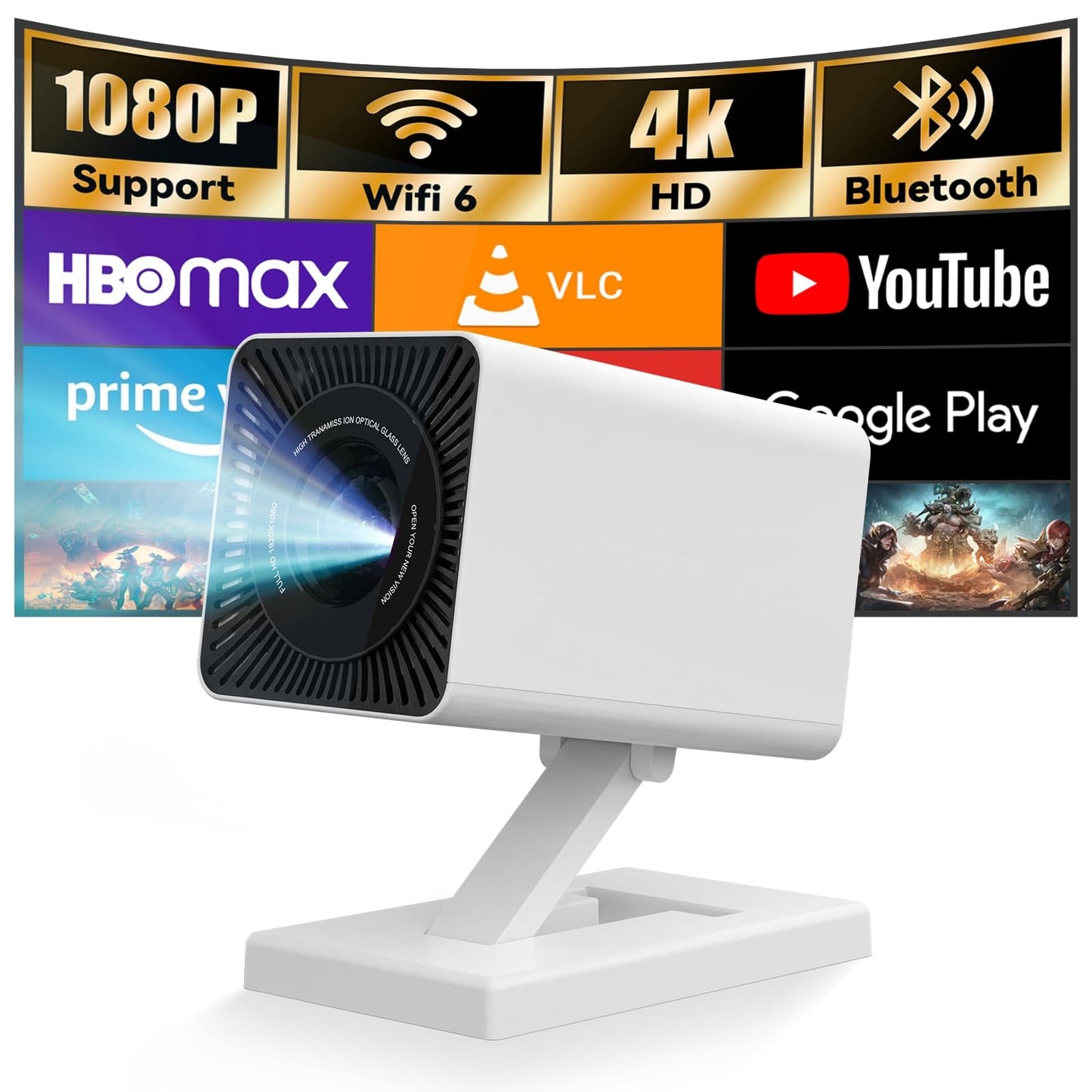Mini Projector with WIFI 6 and Bluetooth, 4K 1080P Support Portable Projector Movie Auto Keystone for Laptop, PC, Smartphone