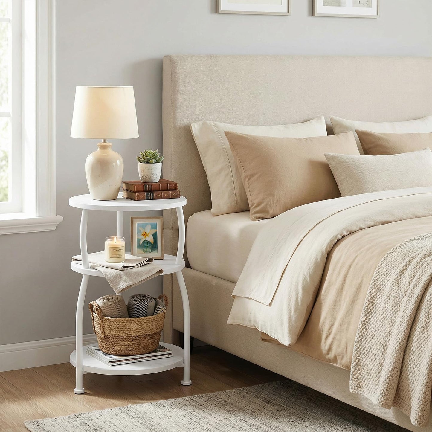 Yuede 3 Tier Side Table, Round Coffee Table, End Table with Storage Shelf, Bedside Table, for Living Room, Bedroom, Metal Frame, 40 x 61 cm, White