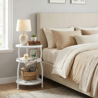 Yuede 3 Tier Side Table, Round Coffee Table, End Table with Storage Shelf, Bedside Table, for Living Room, Bedroom, Metal Frame, 40 x 61 cm, White