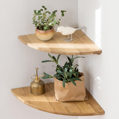 GIEANOO Corner Shelves, Solid Oak Wood Set of 2 Floating Corner Shelves Wall Mount Round End Floating Speaker Shelf With Wire Hole Shelf for Small