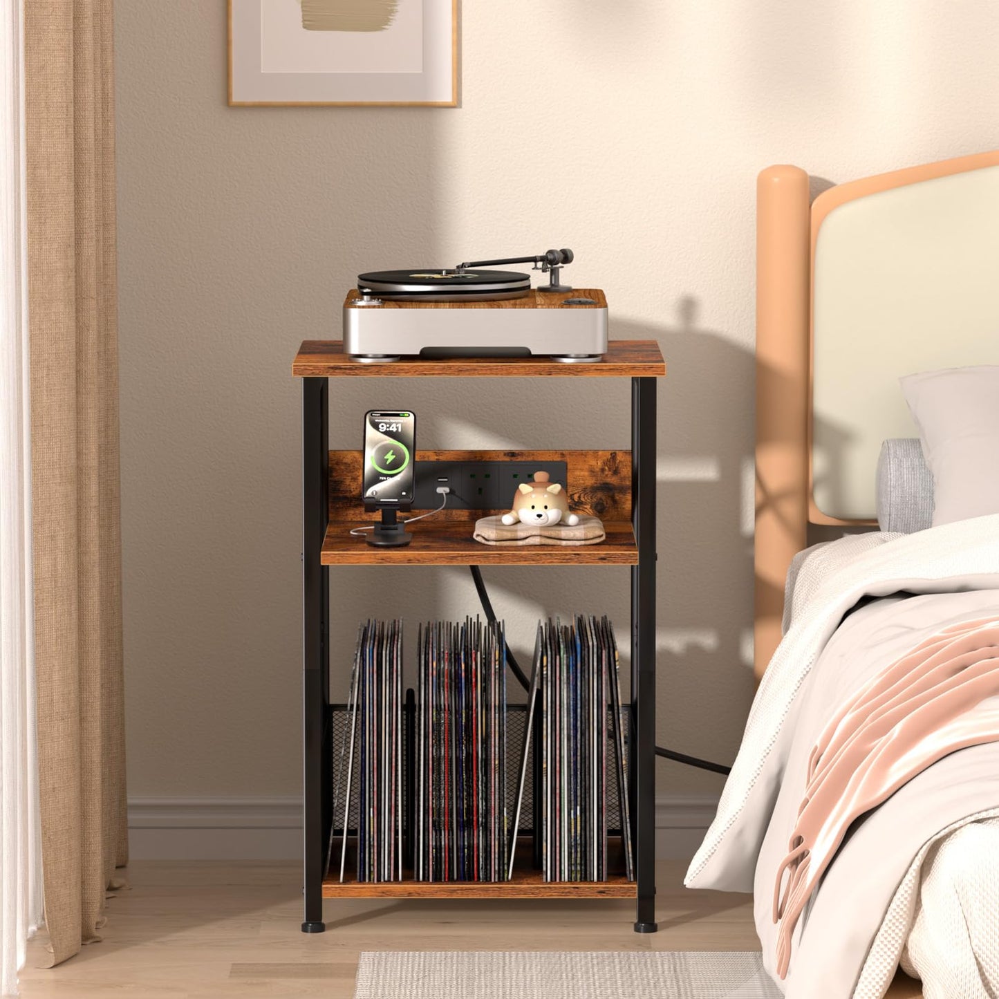 AMHANCIBLE Record Player Stand with Charging Station, Vinyl Record Storage