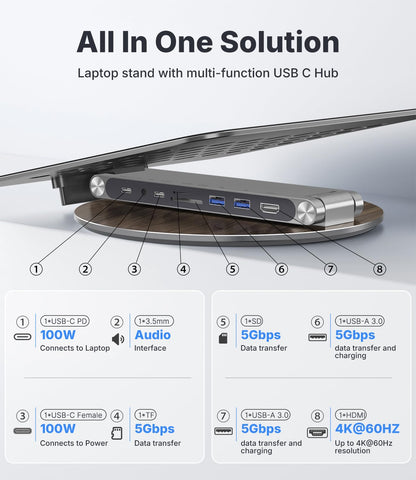 KU XIU X53 Laptop Stand Desk with 8-in-1 Docking Station, 360°Rotation,Wood