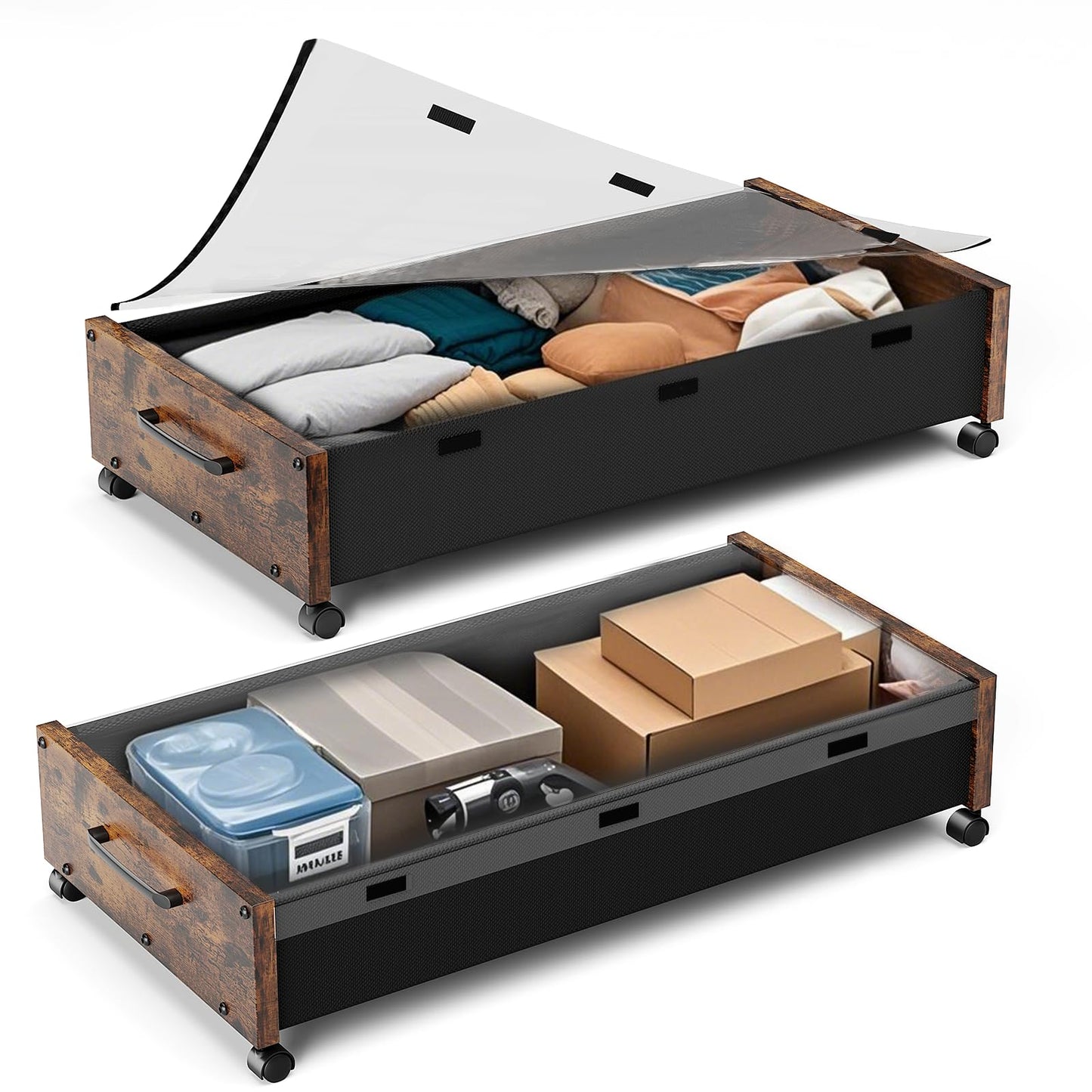 JSHNE Wooden UnderBed Storage with Wheels, 80L Extra-large Rolling Under the Bed Storage Bins 2 Pack with Removable Lid