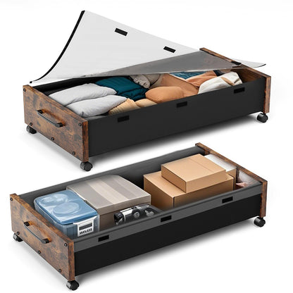 JSHNE Wooden UnderBed Storage with Wheels, 80L Extra-large Rolling Under the Bed Storage Bins 2 Pack with Removable Lid