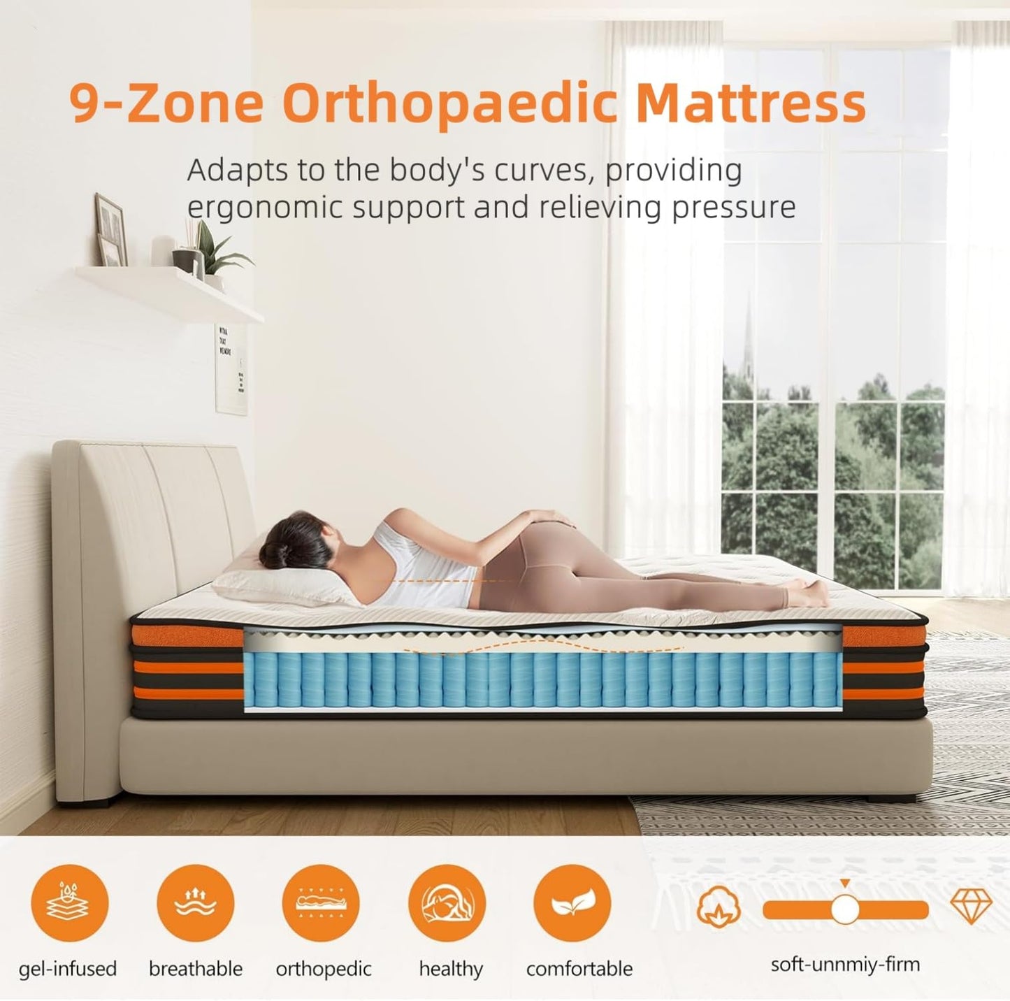 SCEPKN 4FT6 Double Mattress, 9-Zone Gel Memory Foam Mattresses 10Inch Firm