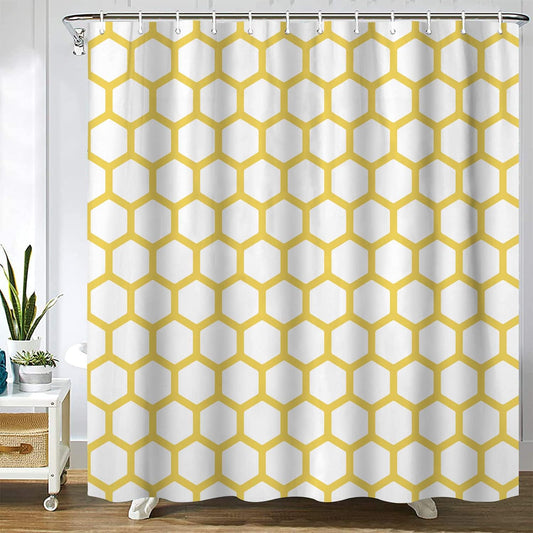 Gaakvrr Shower Curtain Yellow & White Hexagonal Pattern Geometric Waterproof Bathroom Curtain Set with 12 Hooks (180x180 cm)