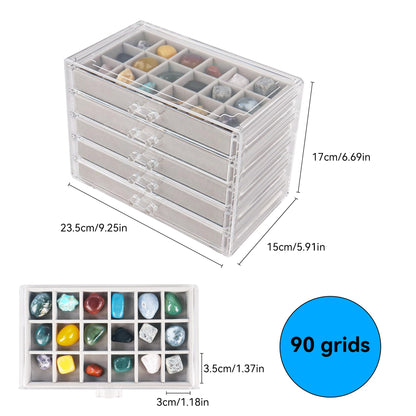 Dmnnlp Rock Display Case, 5 Drawers 90 Grids Acrylic Rock Collection Box, Storage Cases for Small Rocks Gemstone Fossil Crystal Stone Jewellery
