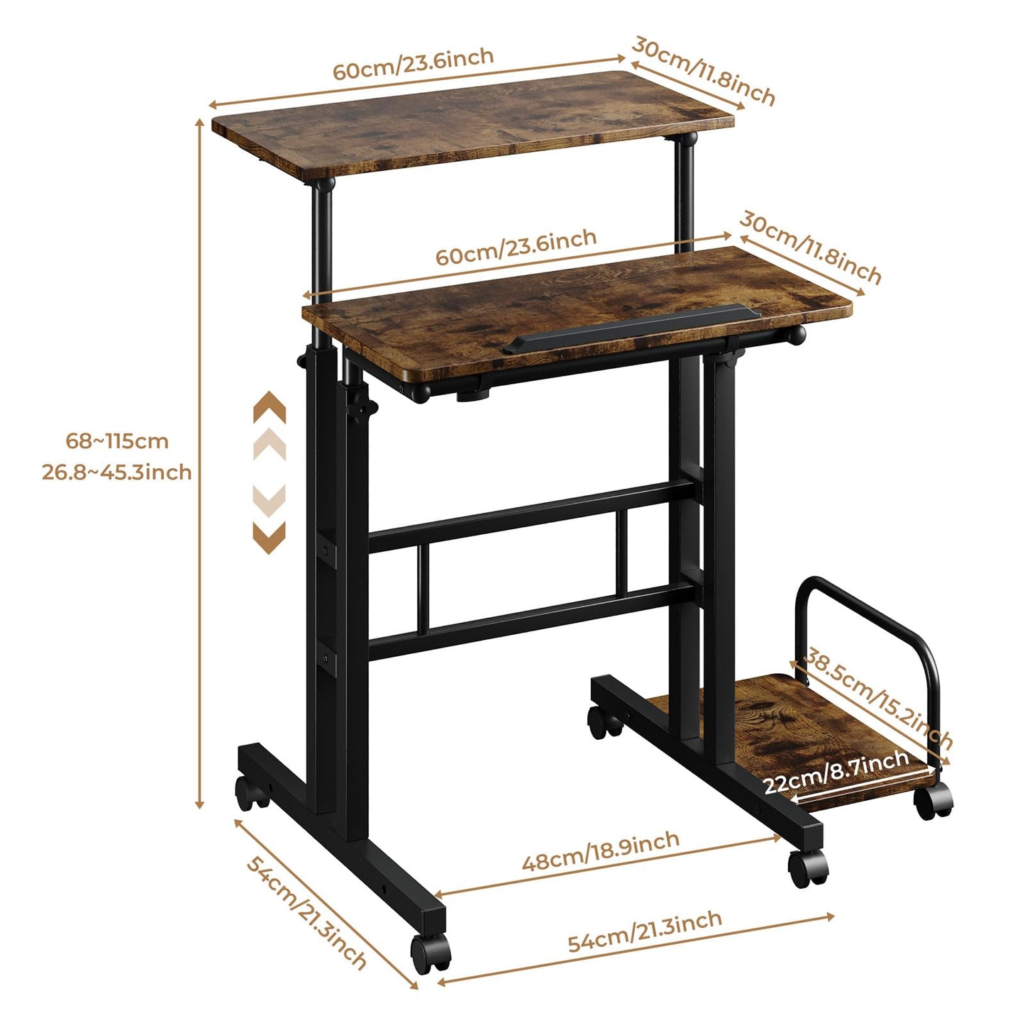 Dripex Standing Desk, Height Adjustable Rolling Desk with Tilting Table Top, Sit-Stand Workstation with Wheels, 60 x 60 cm, laptop Table