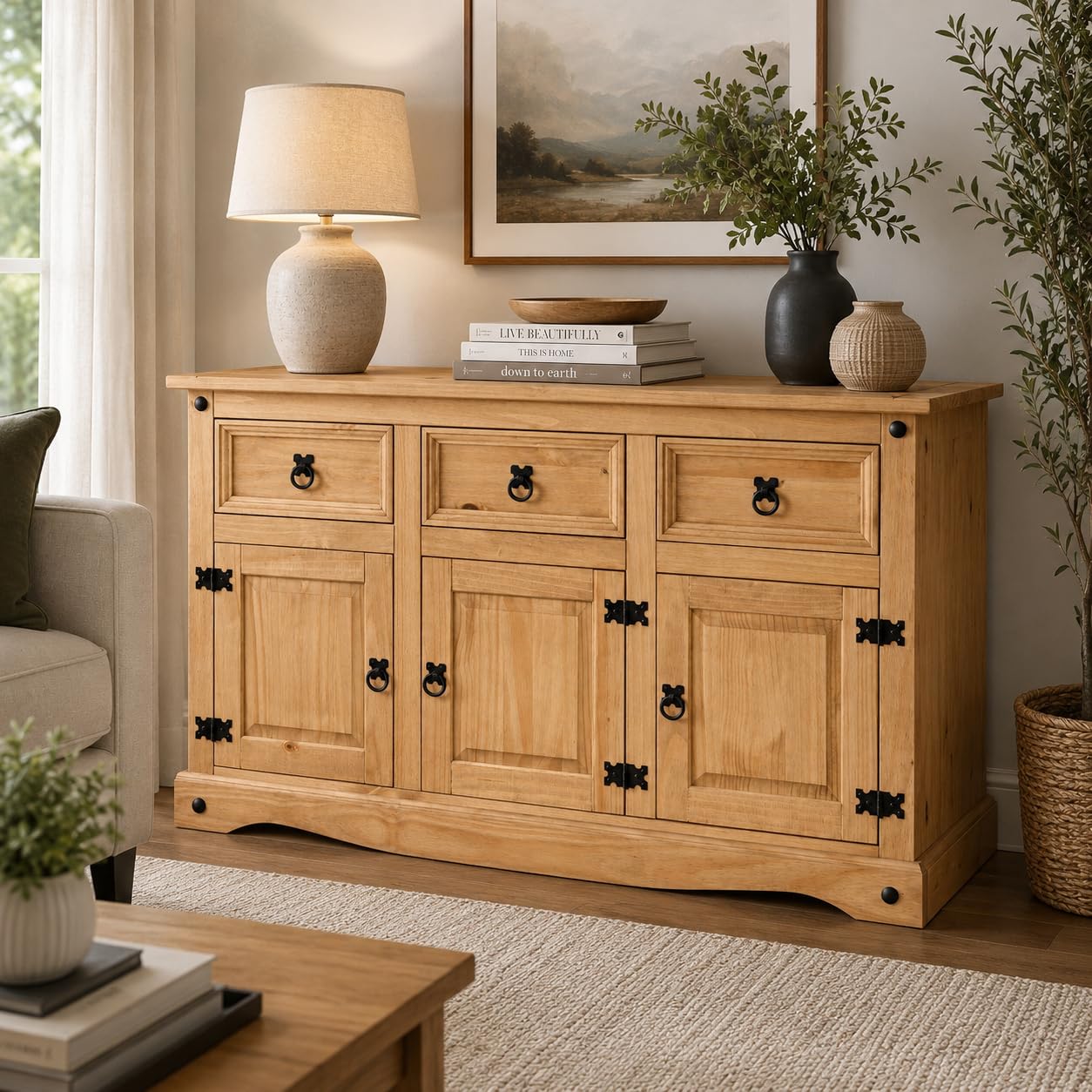Corona Sideboard 3 Door 3 Drawer Mexican Style Solid Pine Wood Cupboard with Wax Finish Black Metal Hardware W 125 cm x D 40 cm x H 76 cm