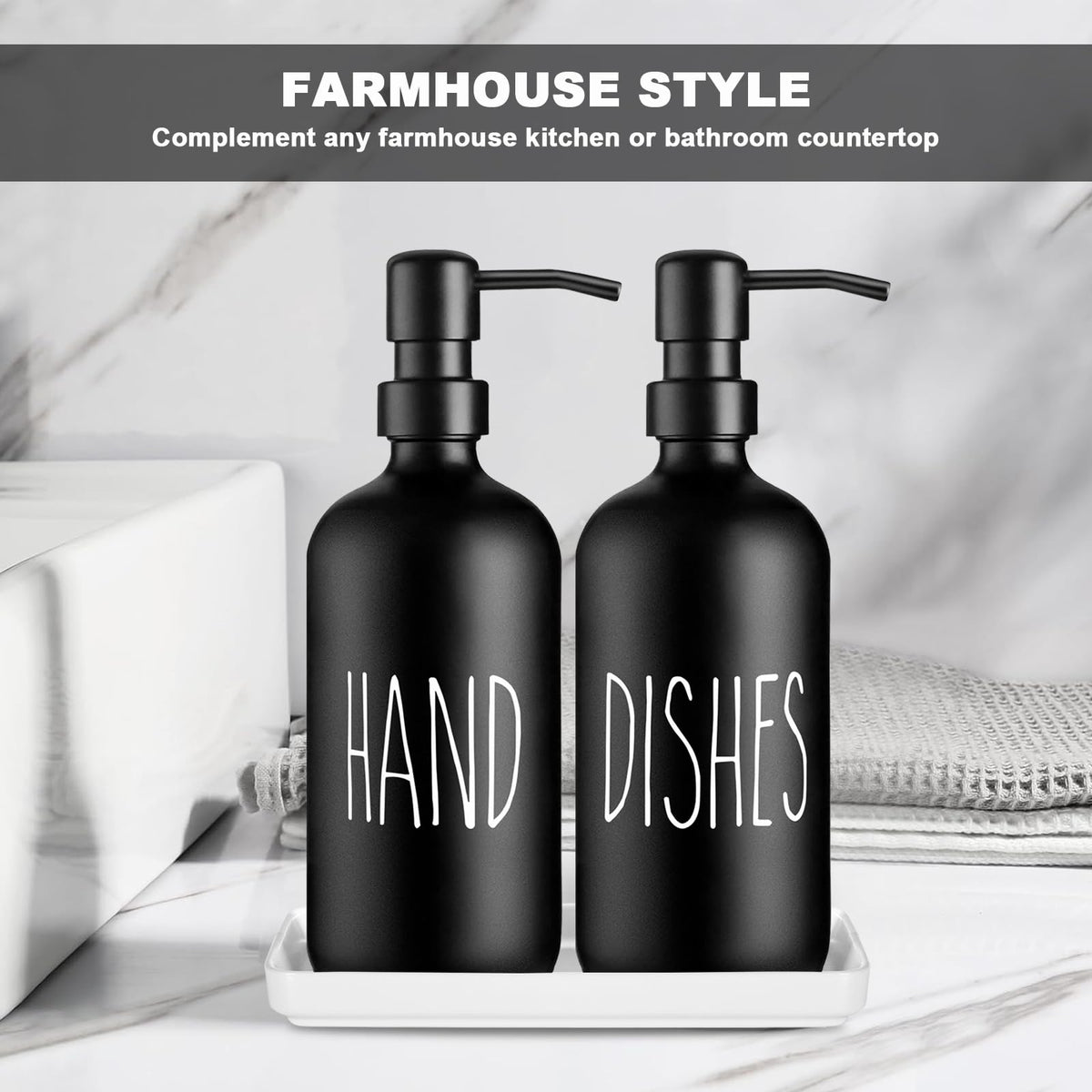 Glass Soap Dispenser Set: Premium 2 Pack Dispenser Bottles with Ceramic Tray 500ML/17oz Farmhouse Soap Lotion Pump Dispensers Refillable Hand Soap