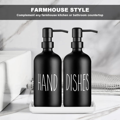 Glass Soap Dispenser Set: Premium 2 Pack Dispenser Bottles with Ceramic Tray 500ML/17oz Farmhouse Soap Lotion Pump Dispensers Refillable Hand Soap