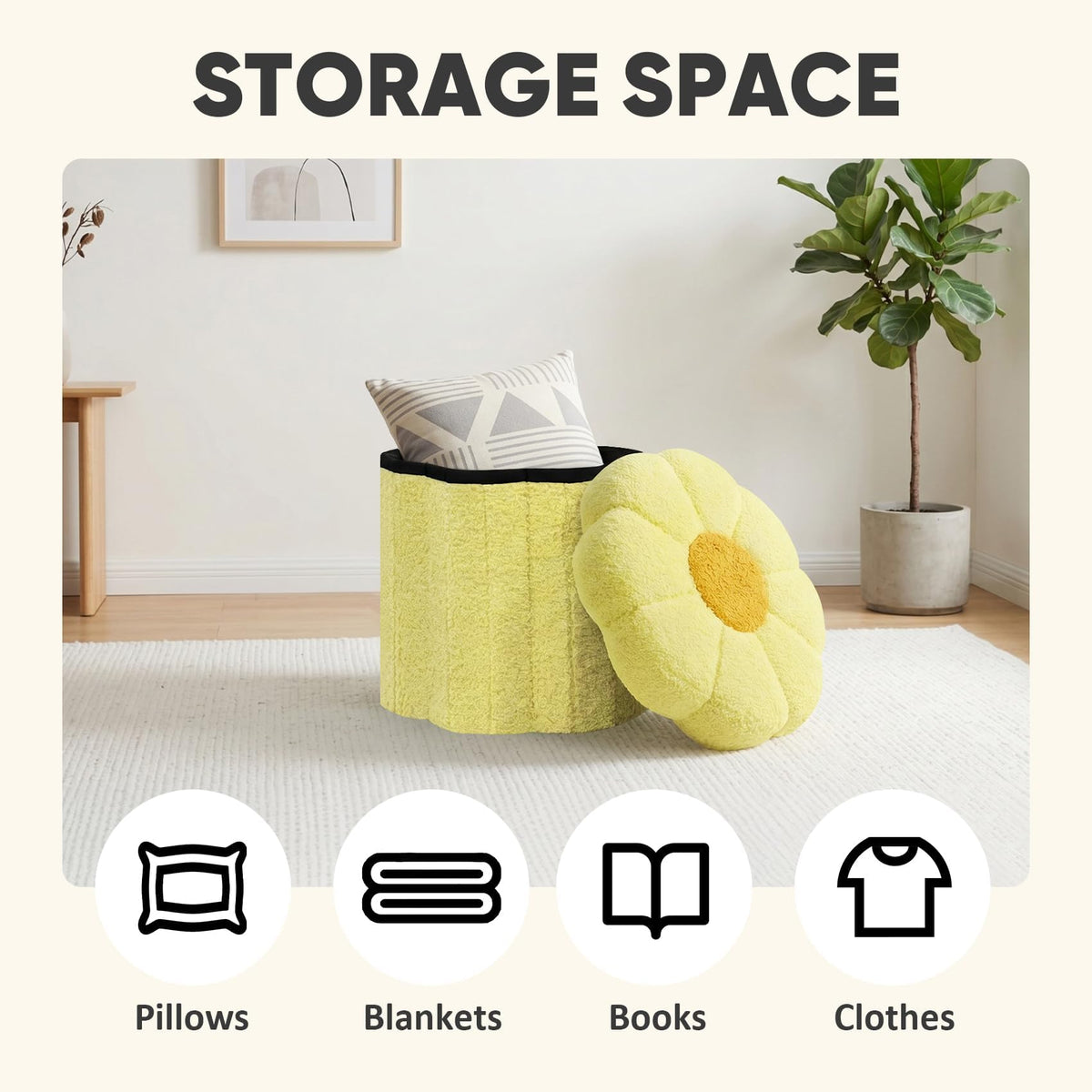 PINPLUS Small Folding Storage Ottoman with Lid, 32x32x29 cm, Yellow