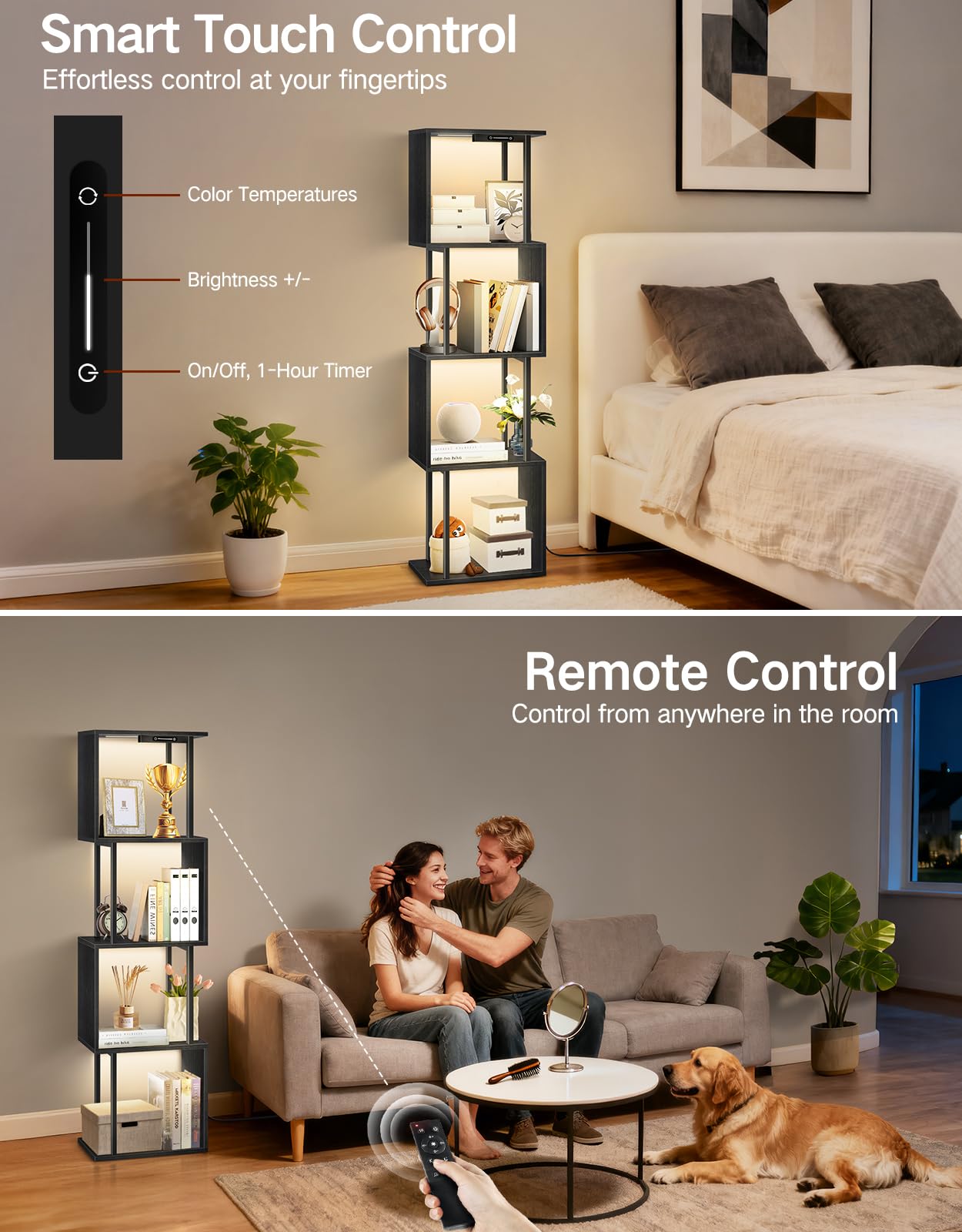 OUTONLIFE 5 Tier S-Shaped Geometric Bookshelf with LED Light, 3 Color Temperatures, Touch & Remote Control, Dimmable Standing Bookcase