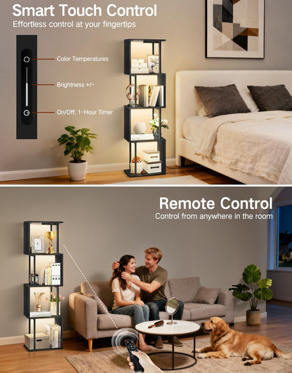 OUTONLIFE 5 Tier S-Shaped Geometric Bookshelf with LED Light, 3 Color Temperatures, Touch & Remote Control, Dimmable Standing Bookcase