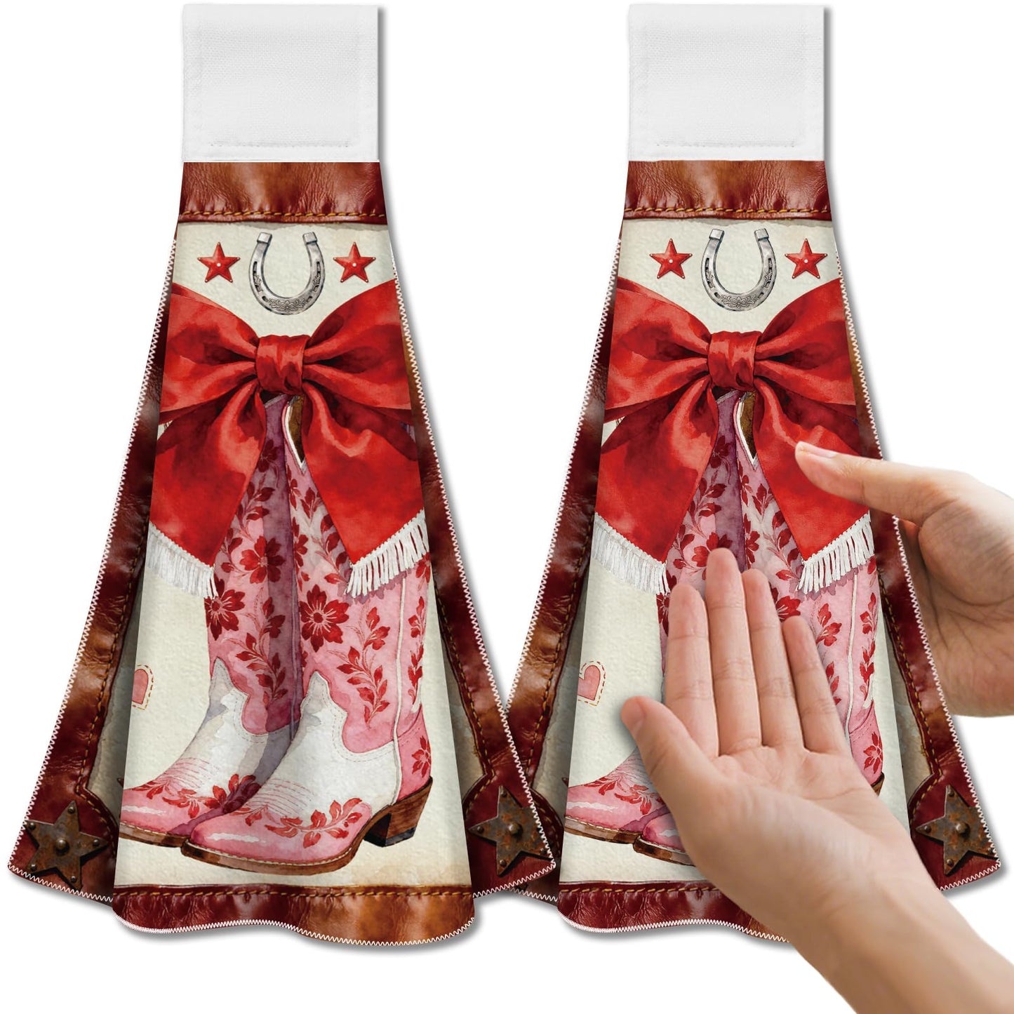 CUTHOLLOW 2Pcs Pink Cowboy Boots Tea Towels for Kitchen with Loop, 31.5x43.5cm Soft Super Absorbent Microfiber Decorative Hanging Dish Towel, Tea,