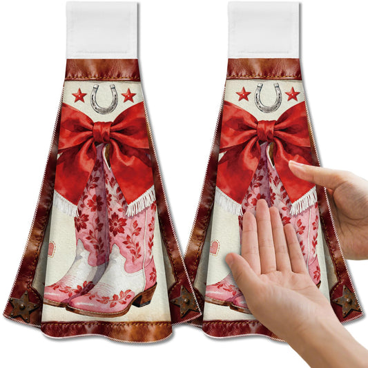 CUTHOLLOW 2Pcs Pink Cowboy Boots Tea Towels for Kitchen with Loop, 31.5x43.5cm Soft Super Absorbent Microfiber Decorative Hanging Dish Towel, Tea,