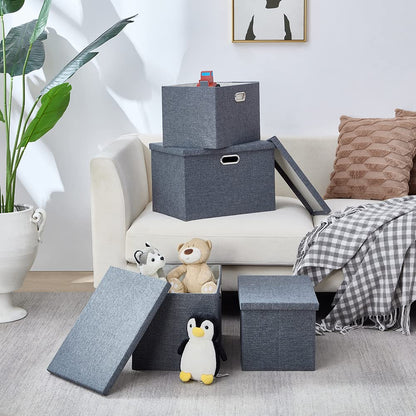 AlphaHome Fabric Storage Boxes with Lids [2 Pack], Foldable Linen Fabric Storage Baskets for Organising Clothes and Toys (Slate Grey, Large)
