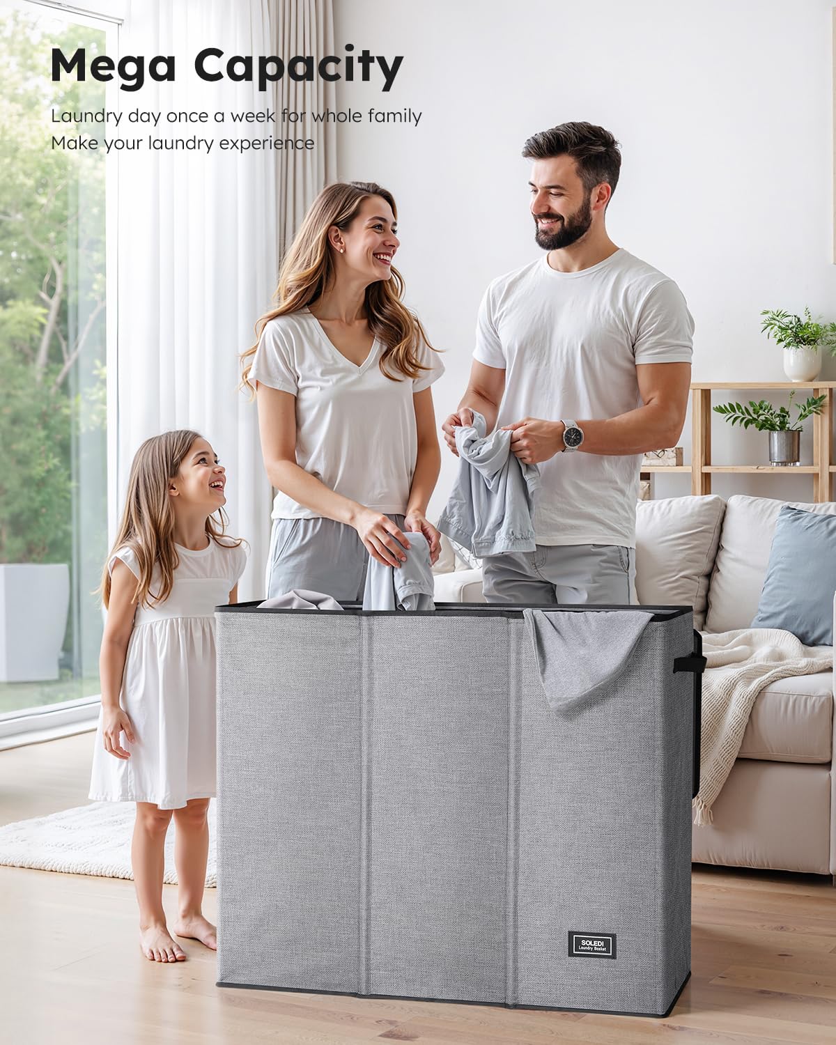 SOLEDI 180L Laundry Basket 3 Section, Extra Large Laundry Hamper with Lid, Dirty Clothes Hamper with Sturdy Handle, Large Laundry Basket Organizer for