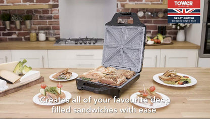 Tower T27021 4 Slice Deep Fill Sandwich Maker with Extra-Deep, Non-Stick Ceramic Coated Plates, Automatic Temperature Control, 1600W, Black