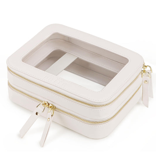 Prite Large Clear Makeup Bag with Gift Box Double Sided Cosmetic Case Two Layer Travel Toiletry Bag with Zippers and Compartment (Beige)