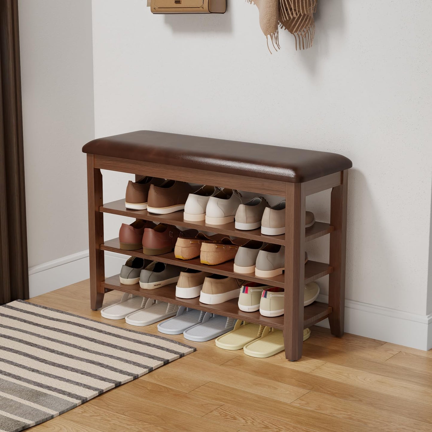 AQIMUELE Shoe Bench, Shoe Bench Storage with Seat, Wooden Shoe Rack 3-Tier, for Hallway, Entryway, Living Room, Bedroom, 80cm (Walnut)