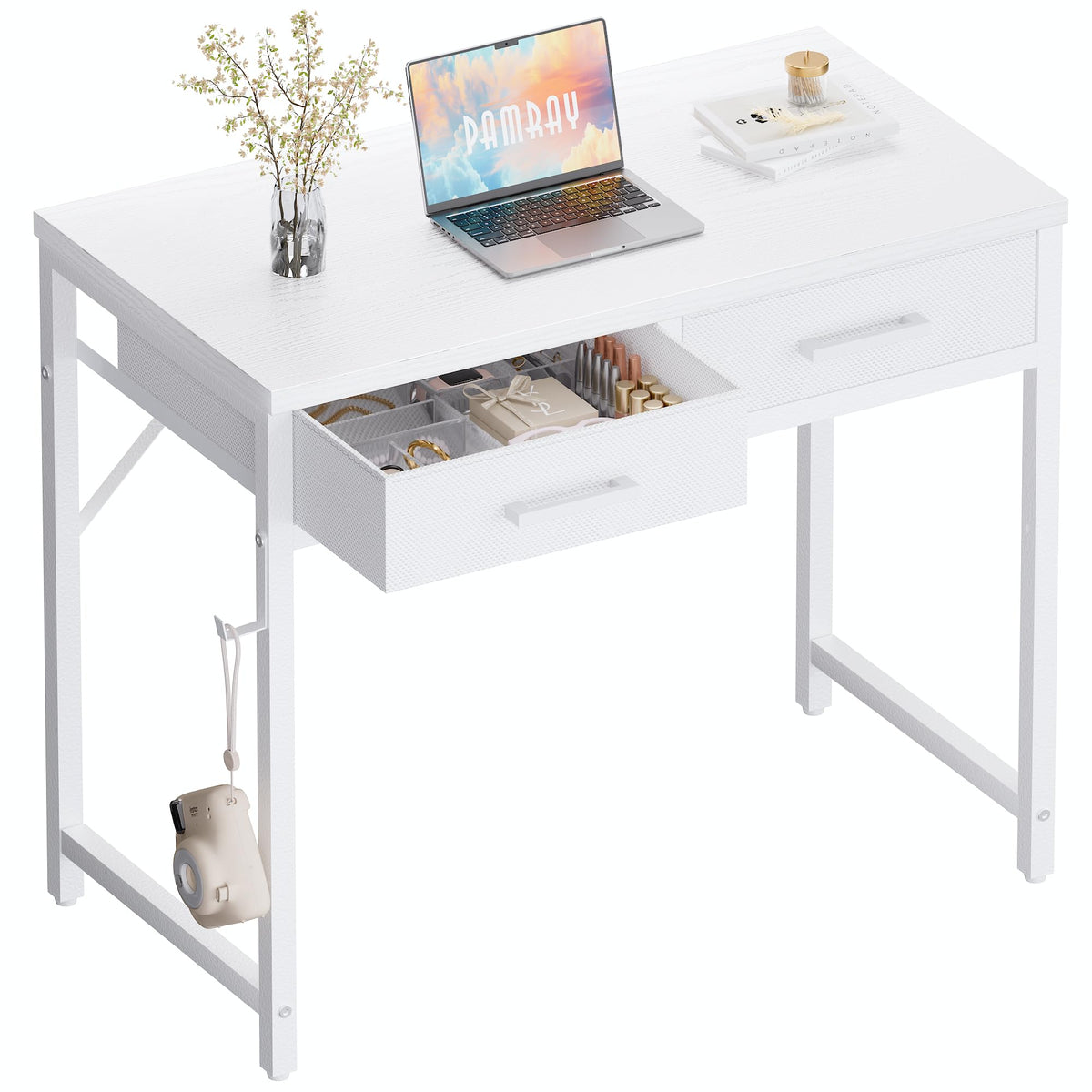 PAMRAY 80cm Small Computer Desk with 2 Drawers for Bedroom Study Writing Home Office Table for Small Spaces White