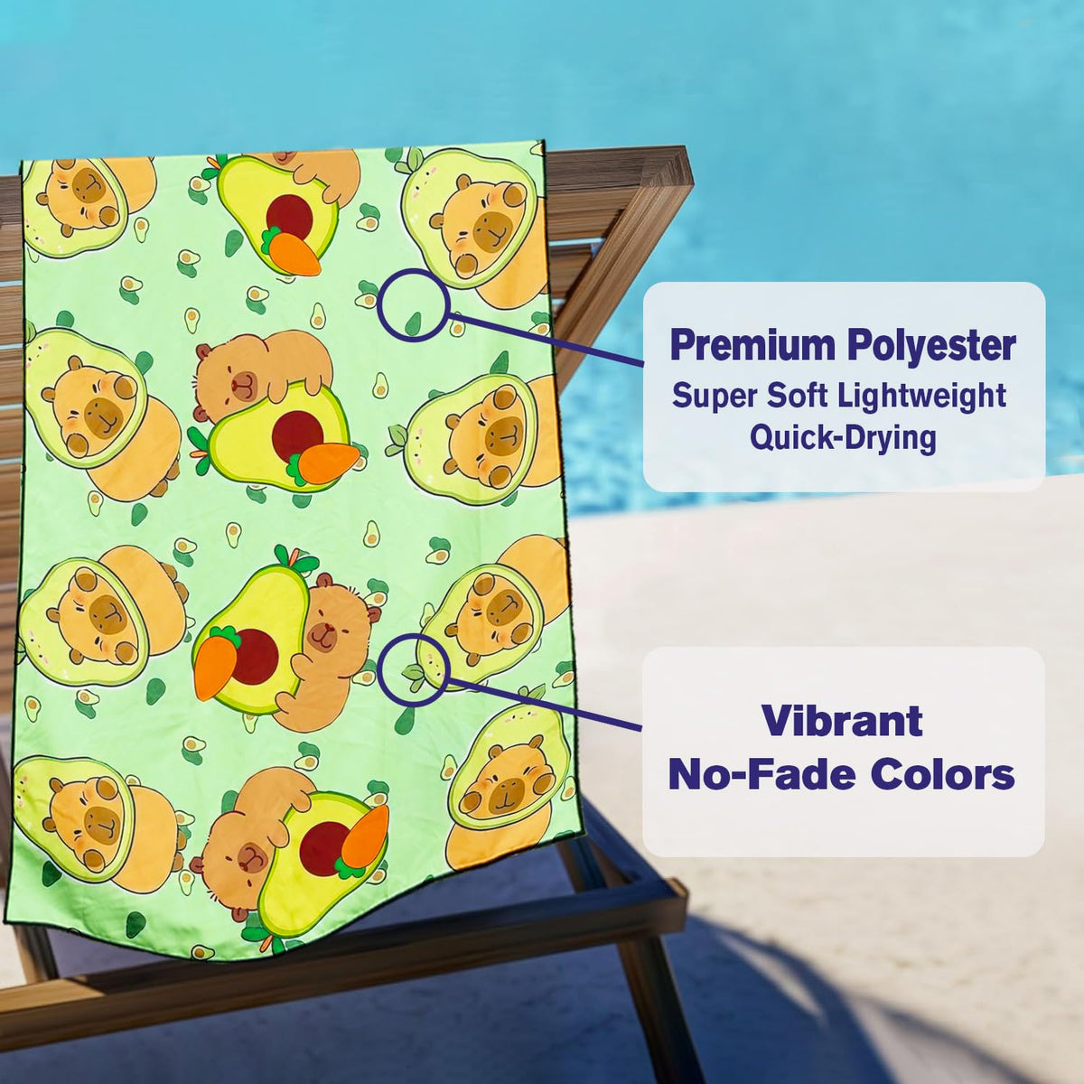 Violetpos Capybara & Avocado Beach Towel, Extra Large 180x90 cm 250GSM Microfibre, Sand Free Quick Dry