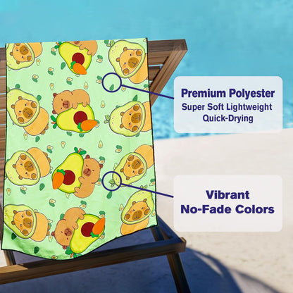 Violetpos Capybara & Avocado Beach Towel, Extra Large 180x90 cm 250GSM Microfibre, Sand Free Quick Dry