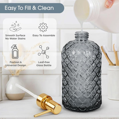 Bingobang Glass Soap Dispenser with Hand Gold Pump 470ml, Grey