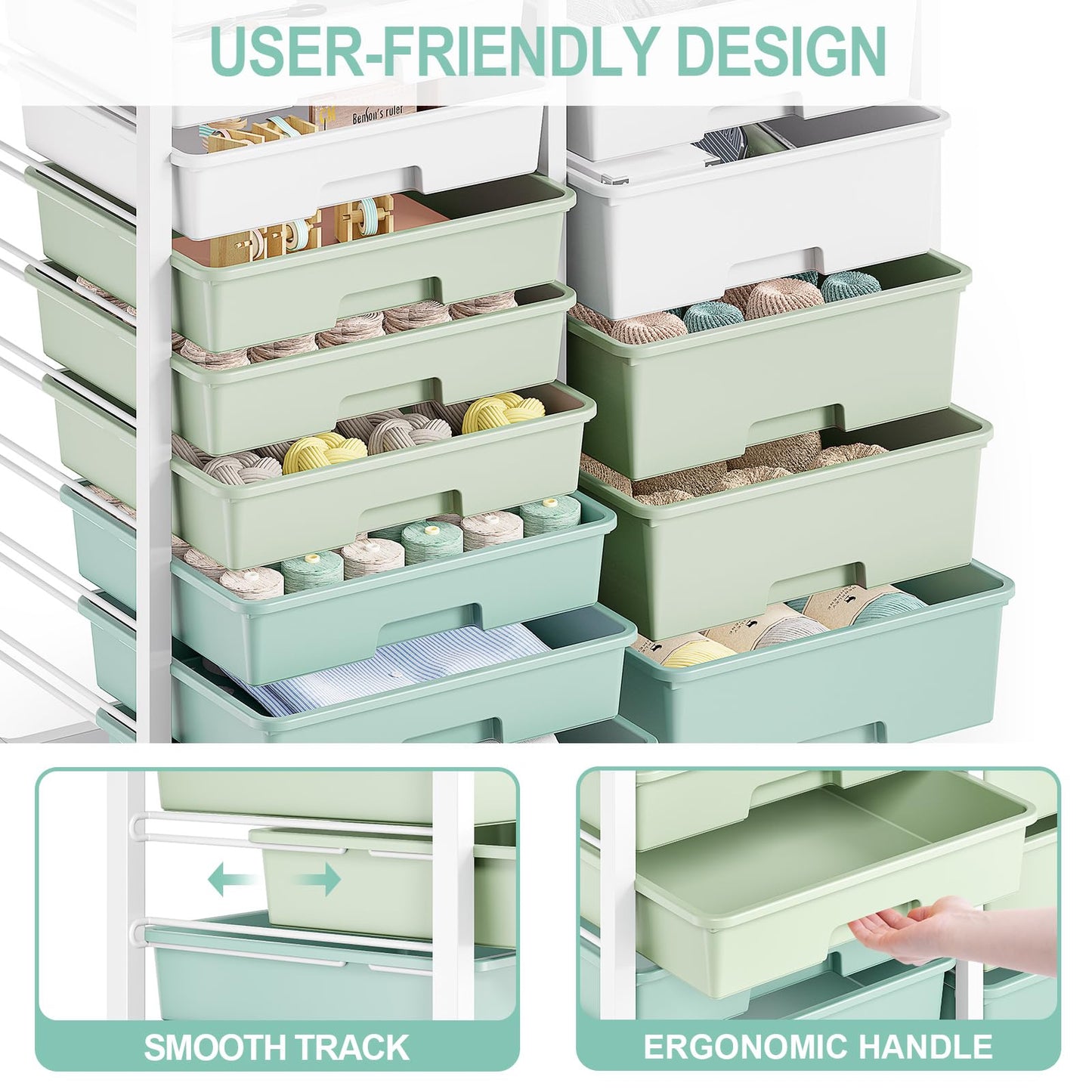 Rolling Storage Cart with 14 Drawers, Storage Organizer Cart with Tabletop and Pegboard,Utility Cart for Living Room, Classroom