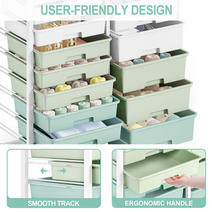 Rolling Storage Cart with 14 Drawers, Storage Organizer Cart with Tabletop and Pegboard,Utility Cart for Living Room, Classroom